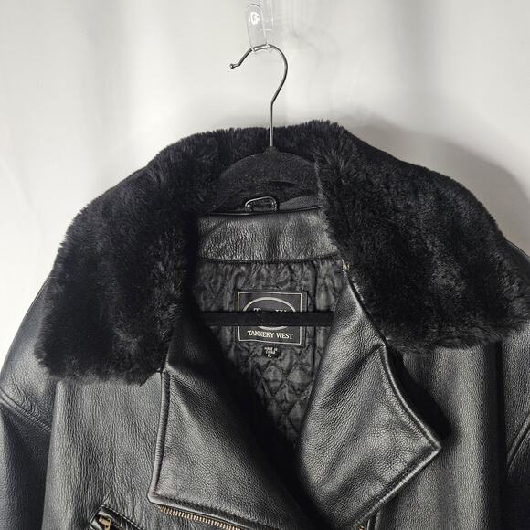 Vtg 90s Tannery West Black Leather Jacket Mens Large Belted Coat Faux Fur Trim - Picture 8 of 14